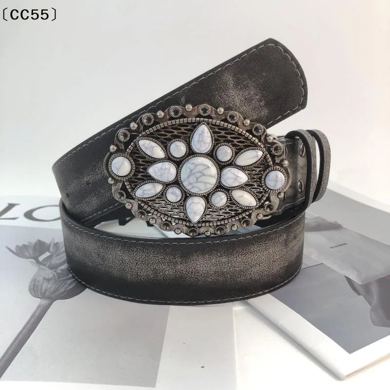 Vintage Boho Western Belt – White Stone Buckle Embossed Leather Boho Leather Belt Qst
