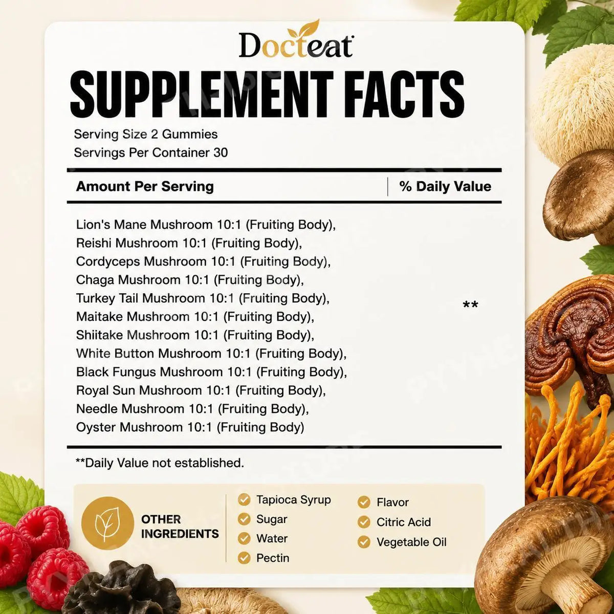 Docteat Super Mushroom Gummies 10:1 Fruiting Body Blend 60ct Mushroom Supplement Gummies Qst