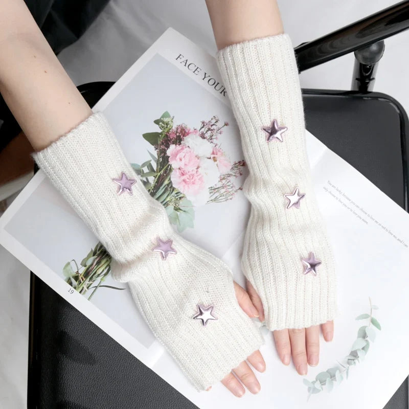 Y2K Fingerless Gloves Women Knitted Star Arm Warmers Fingerless Arm Warmers Qme
