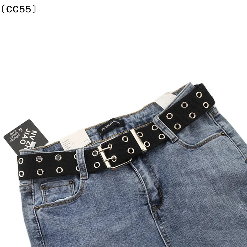 Women Studded Grommet 2-Row Canvas Punk Belt 105cm Canvas Fashion Belt Qst