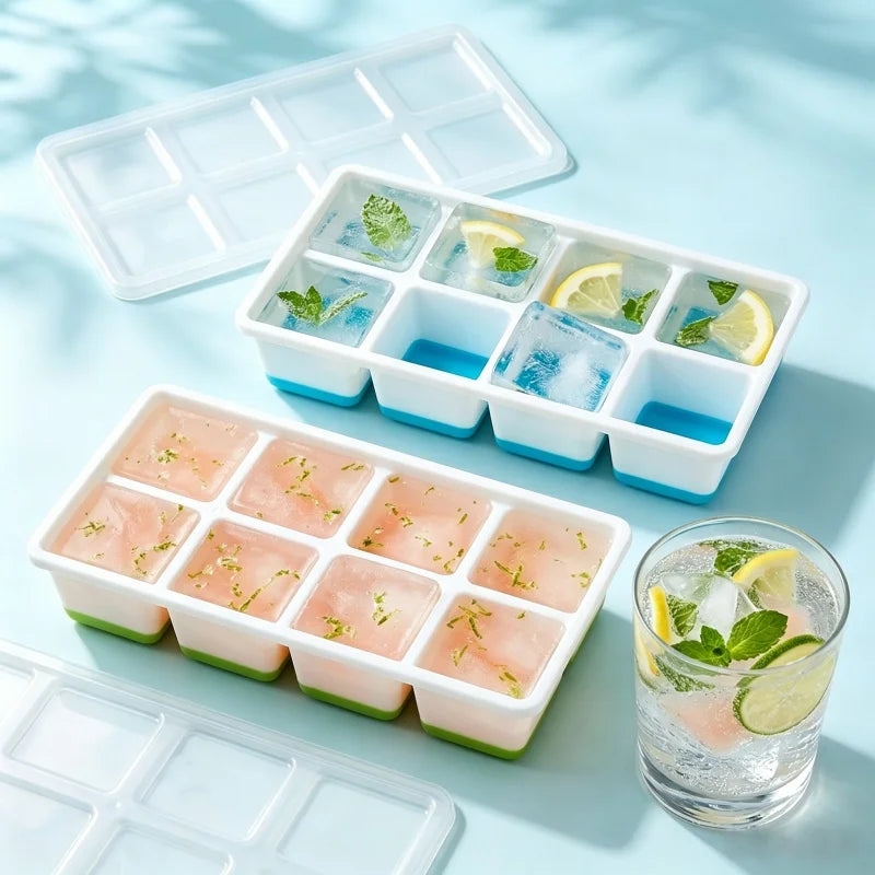 8-Grid Silicone Ice Cube Tray with Lid – Large Square Easy Release Silicone Ice Cube Tray Qme