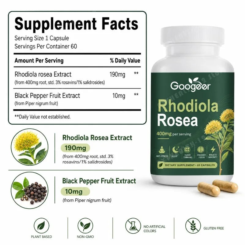 Googeer Rhodiola Rosea Capsules 400mg + Black Pepper – 60ct Herbal Supplement Qst