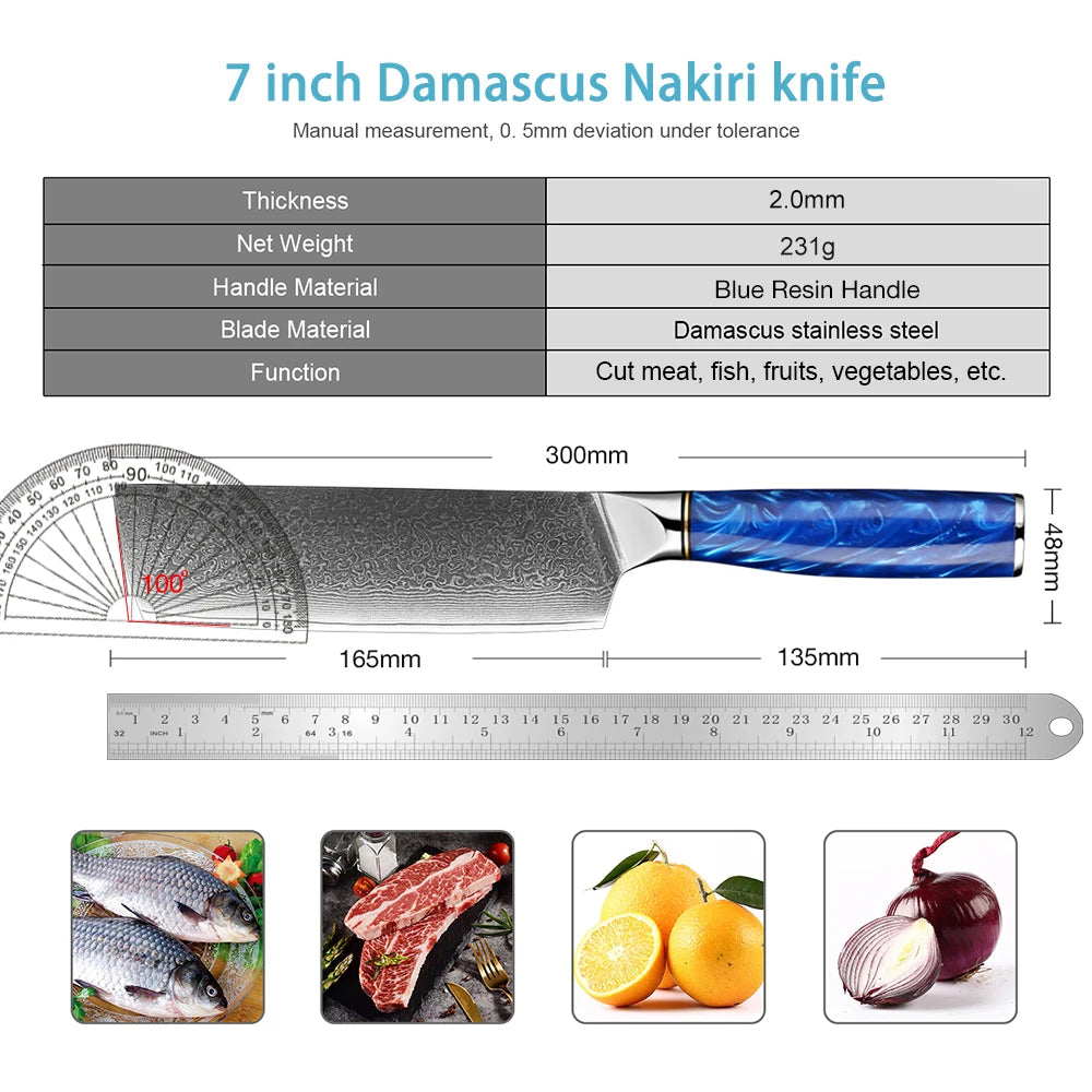 XITUO 7" Damascus Nakiri Knife – VG-10 Steel, Blue Resin Handle Damascus Nakiri Knife Qst