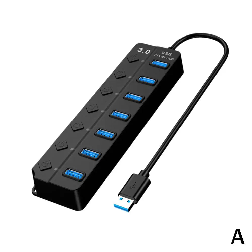 USB 3.0 7-Port Hub Multi Splitter Long Cable for PC & Laptop USB Hub Qme Black