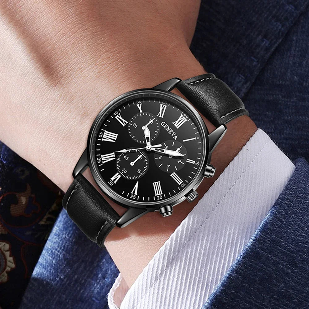 Men's Chronograph Watch & Jewelry Set – Black Leather Strap Chronograph Watch Set Qme