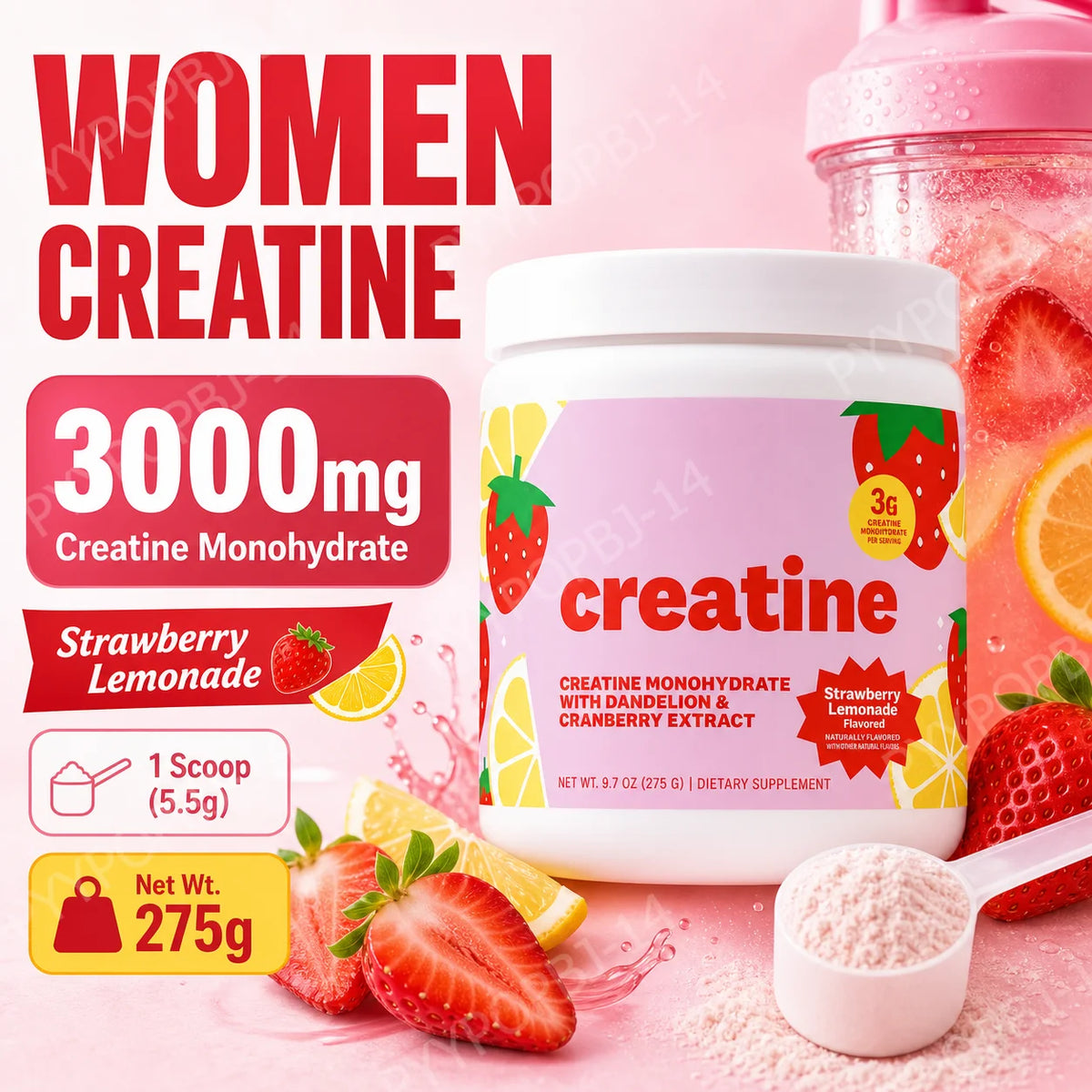 Women's Creatine Monohydrate 3000mg Powder | Strawberry Lemonade Creatine Supplement Powder Qst