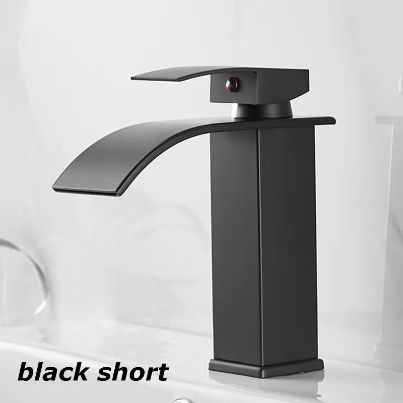 Waterfall Bathroom Faucet – 304 Stainless Steel Single Handle Tap Bathroom Basin Faucet Qst Black short