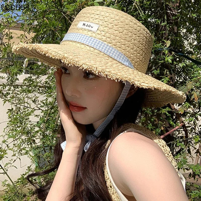 Women's Wide-Brim Straw Beach Hat – Floral Lace Bow Sun Hat Straw Sun Hat Qst