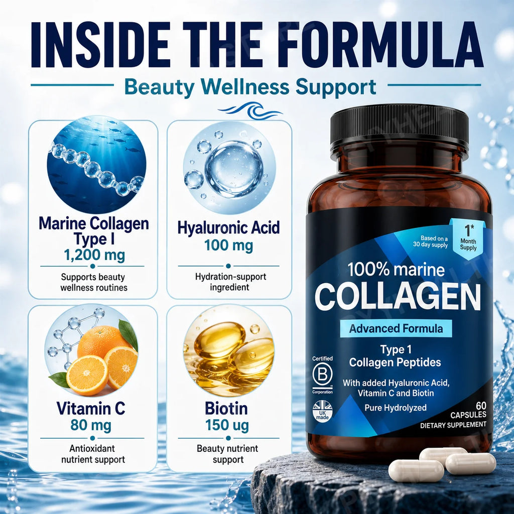 Marine Collagen Capsules – Type I Peptides, Hyaluronic Acid, 60ct Collagen Supplement Qst