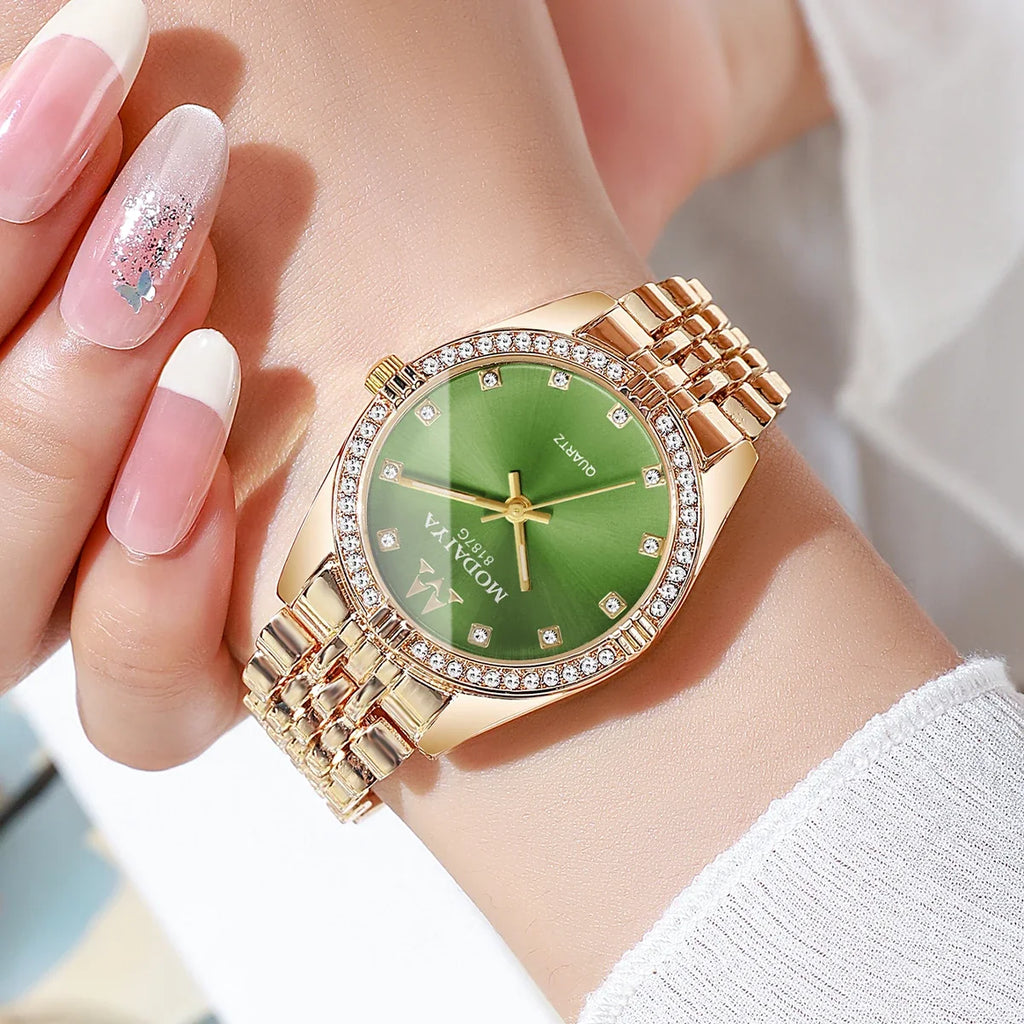 Women's Crystal Watch Rose Gold Tone Green Dial | Everyday Women's Fashion Watch Qme