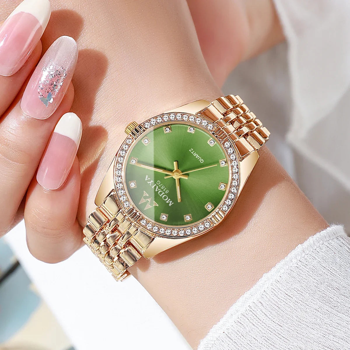 Women's Crystal Watch Rose Gold Tone Green Dial | Everyday Women's Fashion Watch Qme