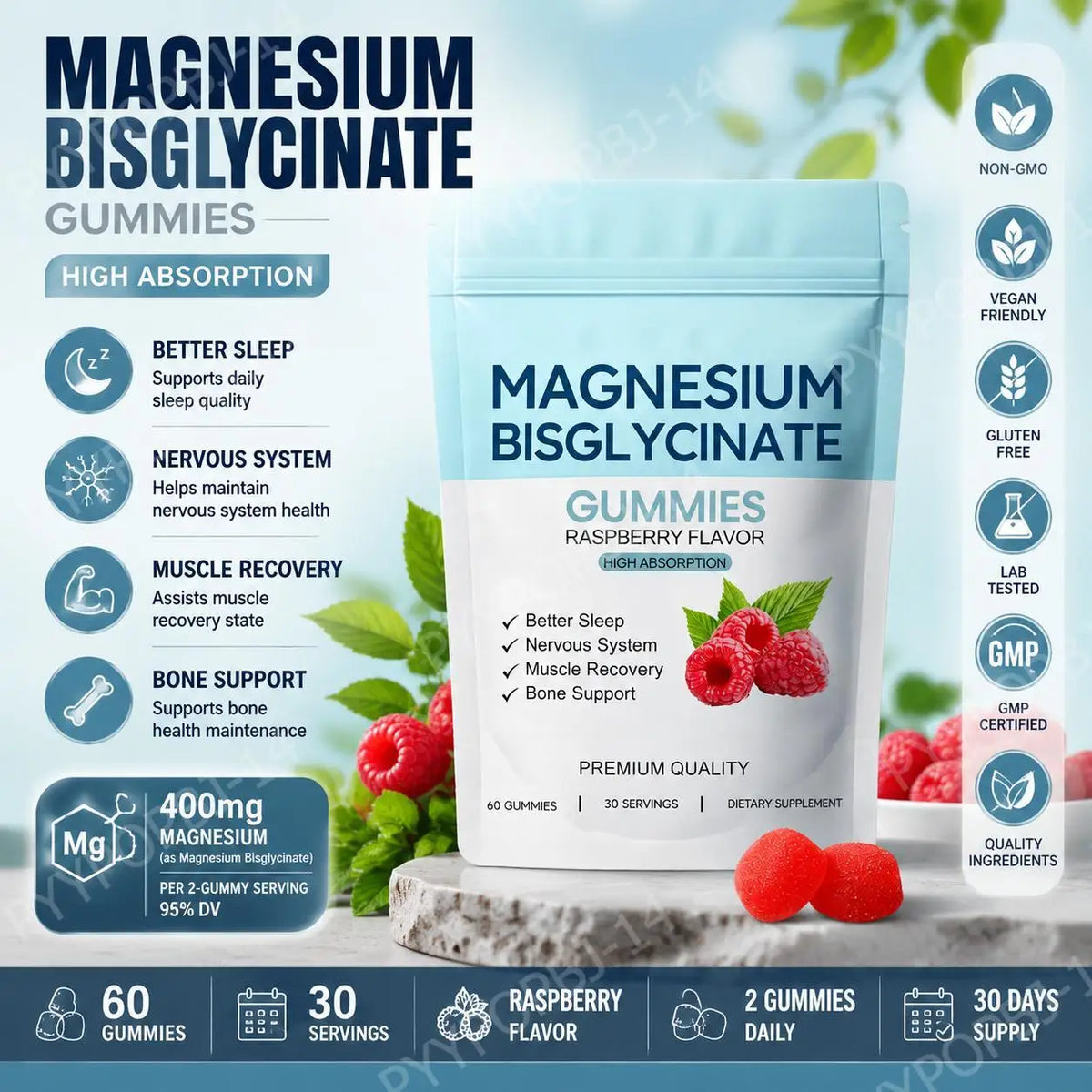 Magnesium Bisglycinate Gummies – Sleep & Muscle Support, 60ct Magnesium Supplement Qst