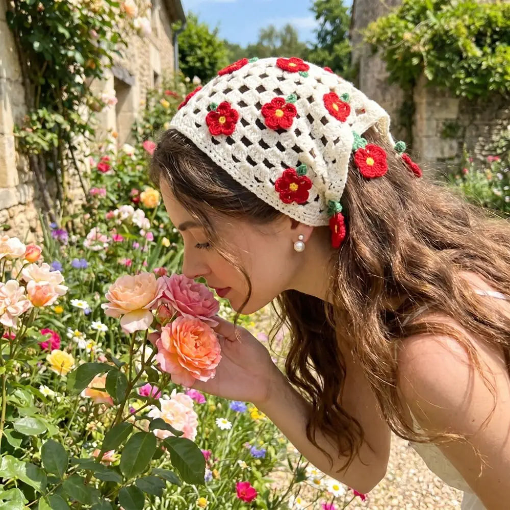 Floral Knitted Crochet Triangle Headband | Boho Style Knitted Triangle Headband Qme