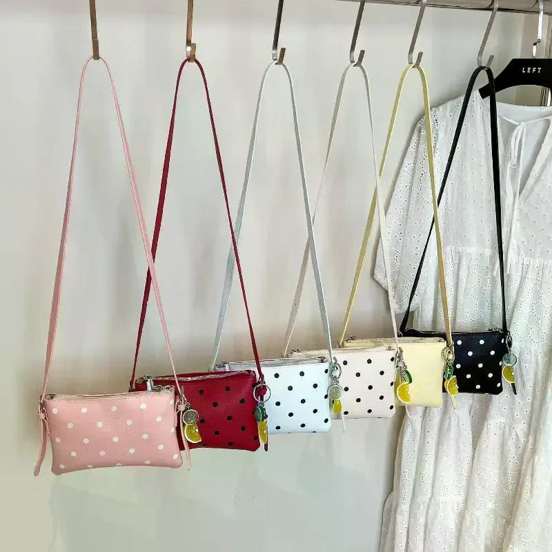 PU Leather Crossbody Bag – Black Polka Dot & Fruit Charm Crossbody Handbag Qme