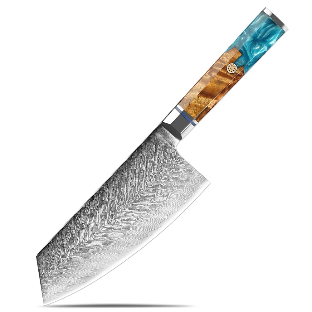 XITUO Damascus Steel Kitchen Knife Set – Blue Resin Handle Kitchen Knife Set Qst Cleaver Knife