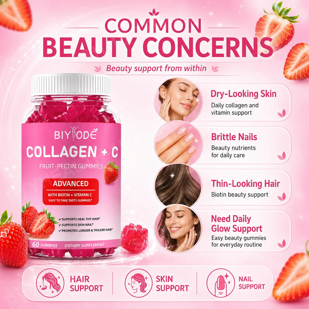 BIYODE Collagen Vitamin C Biotin Gummies – 60 Count Beauty Beauty Supplement Gummies Qst