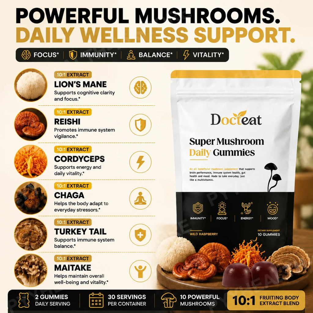 Docteat Super Mushroom Gummies 10:1 Fruiting Body Blend 60ct Mushroom Supplement Gummies Qst