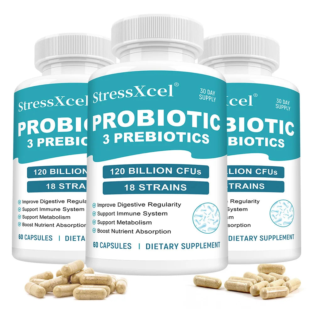 STRESSXCEL Probiotics & Prebiotics Capsules | Gut & Immune Support Probiotic Supplement Qst 60 count-3 bottle