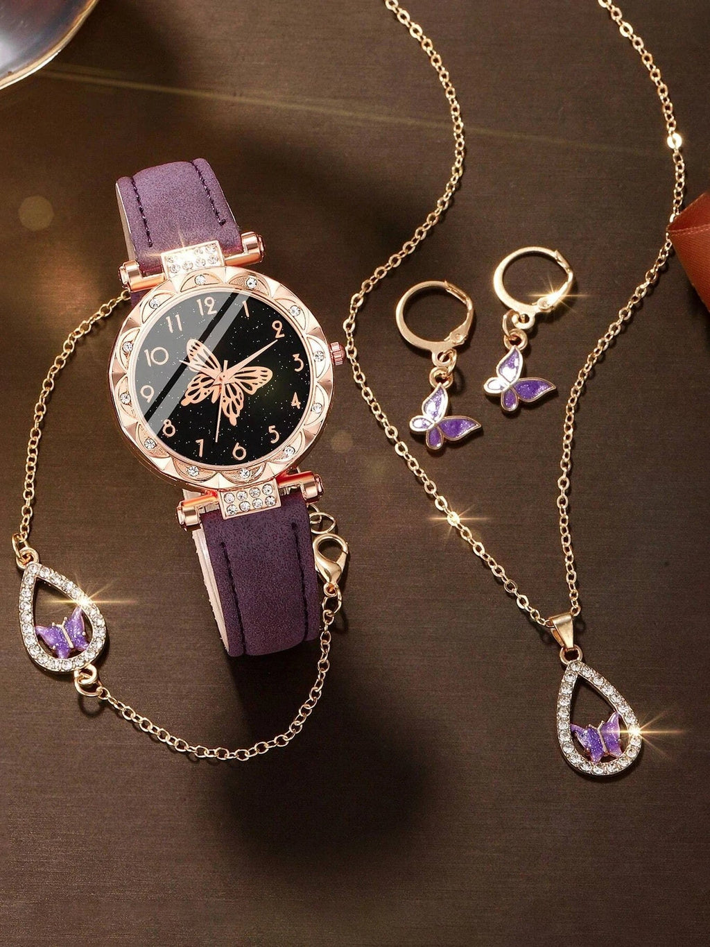 5-Piece Leather Strap Quartz Watch Set – Light Luxury Style Quartz Watch Set Qme PURPLE No