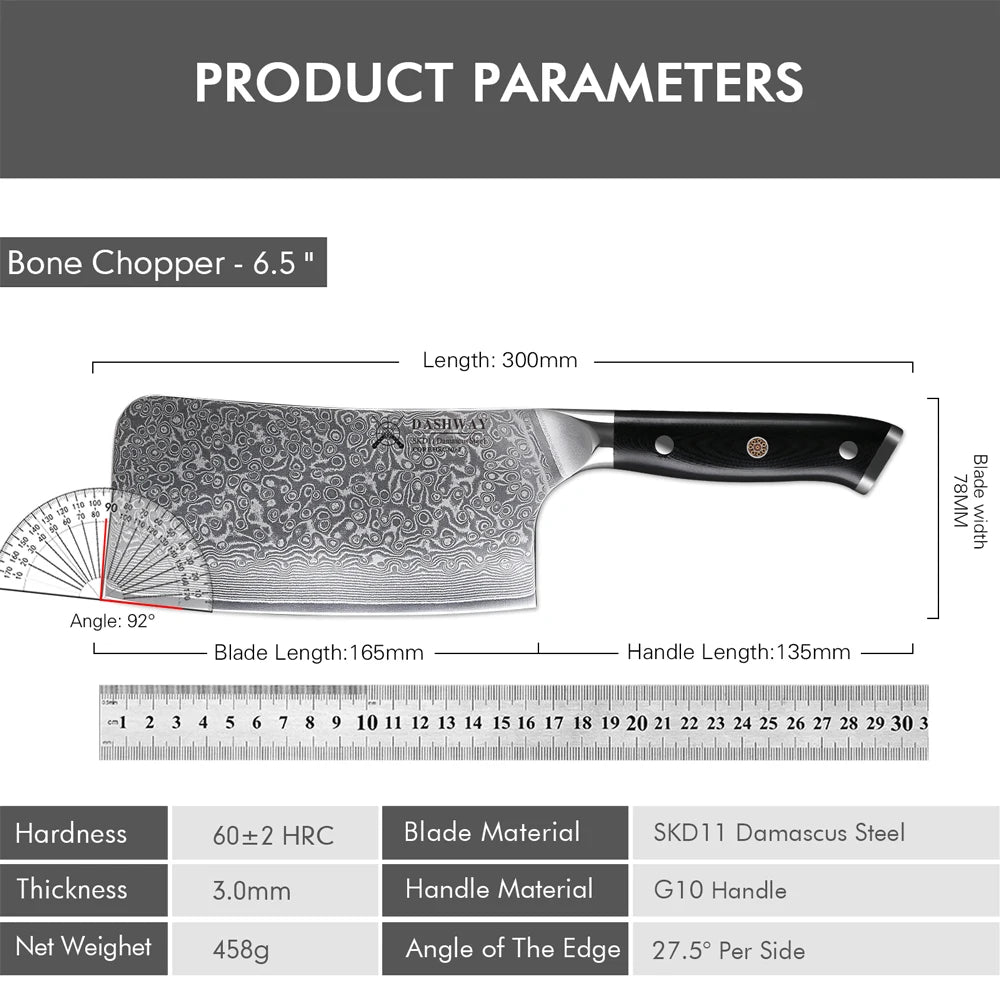 DASHWAY 6.5" Damascus Steel Bone Chopper Knife – G10 Handle Damascus Kitchen Knife Qst