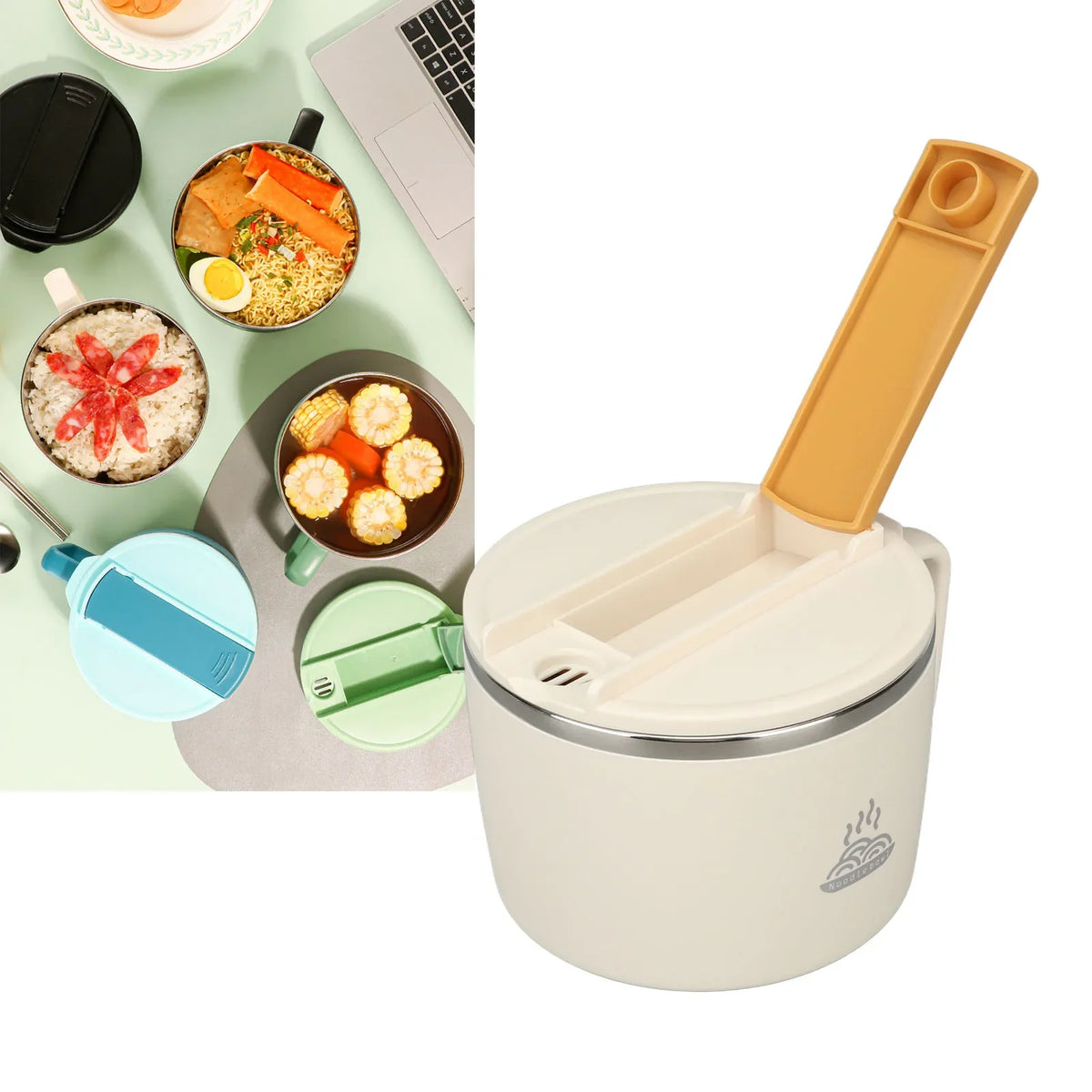 1200ml Stainless Steel Ramen Bowl with Lid, Chopsticks & Spork Portable Ramen Bowl Set Qme