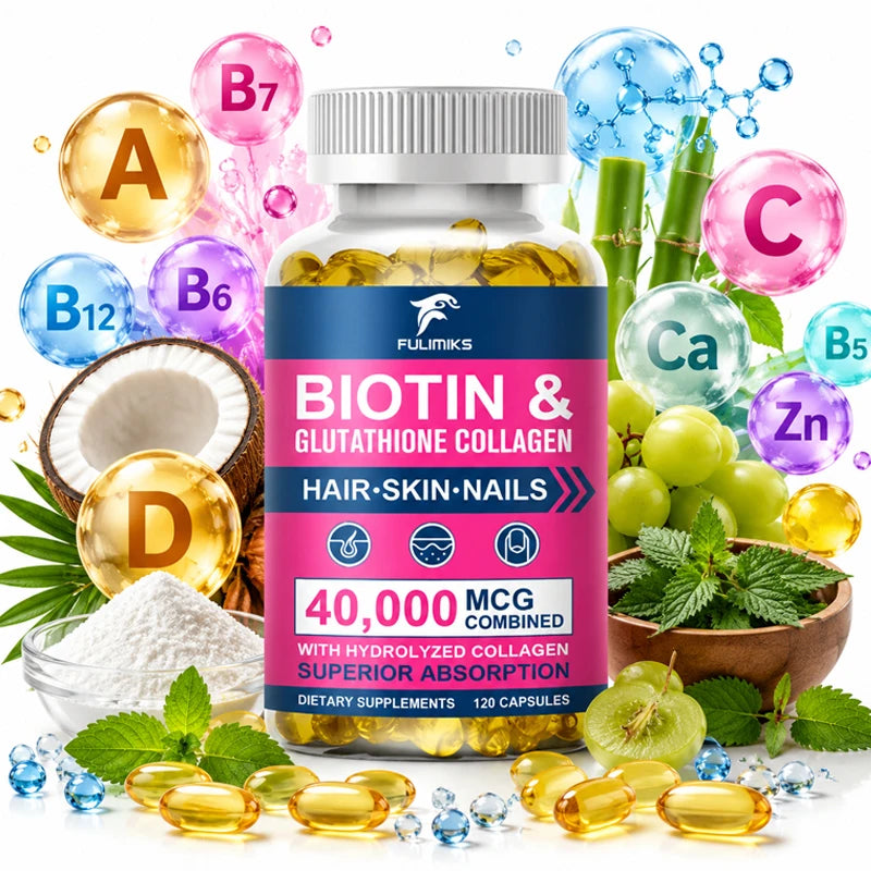 Biotin 5000mcg + Collagen & Glutathione Capsules – 120ct Beauty Supplement Capsules Qst