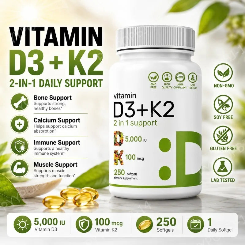 Vitamin D3+K2 Softgels 2-in-1 Non-GMO Complex – 250 Count Vitamin Supplement Qst