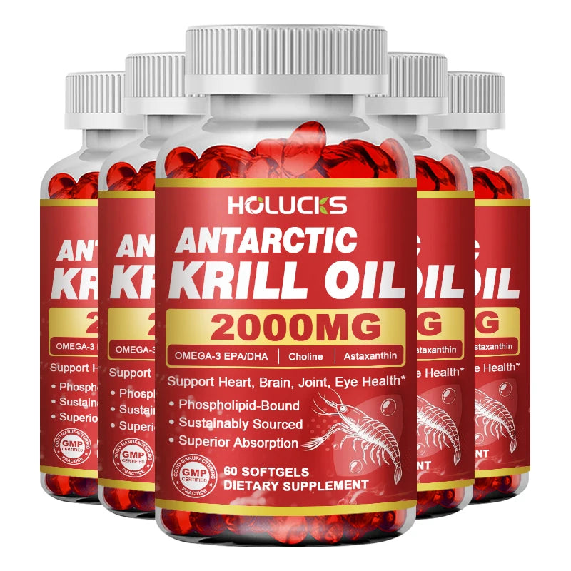 HOLUCKS Antarctic Krill Oil 2000mg – Omega-3 EPA DHA Capsules Krill Oil Supplement Qst 60pcs -5 Bottles