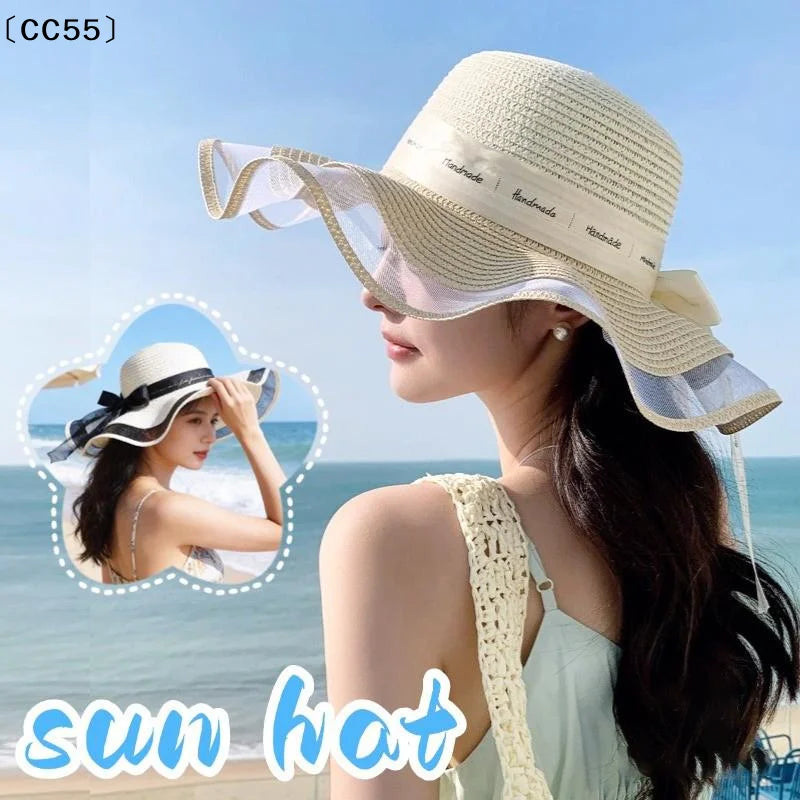 Wide Brim Straw Sun Hat – Lace Bow UV Protection Beach Cap Wide Brim Sun Hat Qst