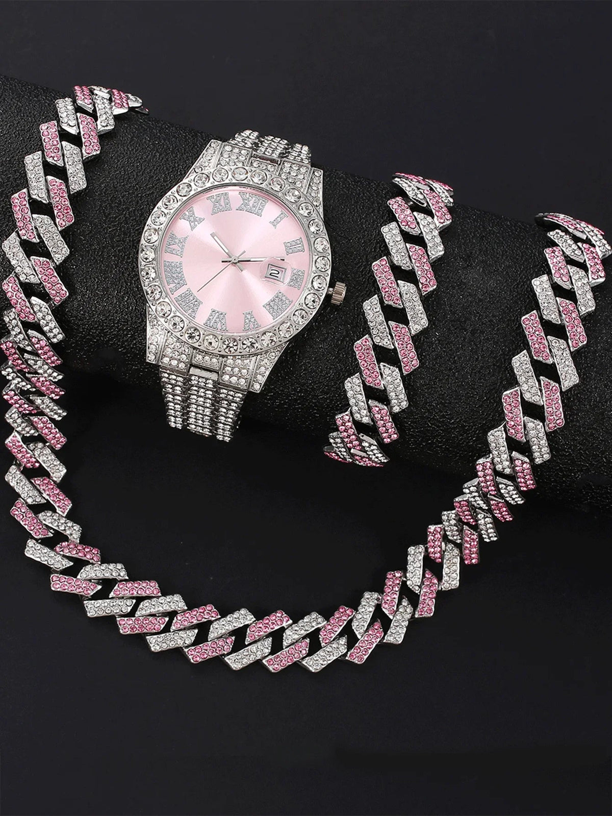 Women's Iced Out Silver Plated Hip Hop Watch & Jewelry Combo Watch & Jewelry Set Qme