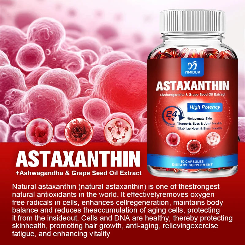Yimiduk Astaxanthin 24mg – Grape Seed Oil & Ashwagandha, 120ct Antioxidant Supplement Qst