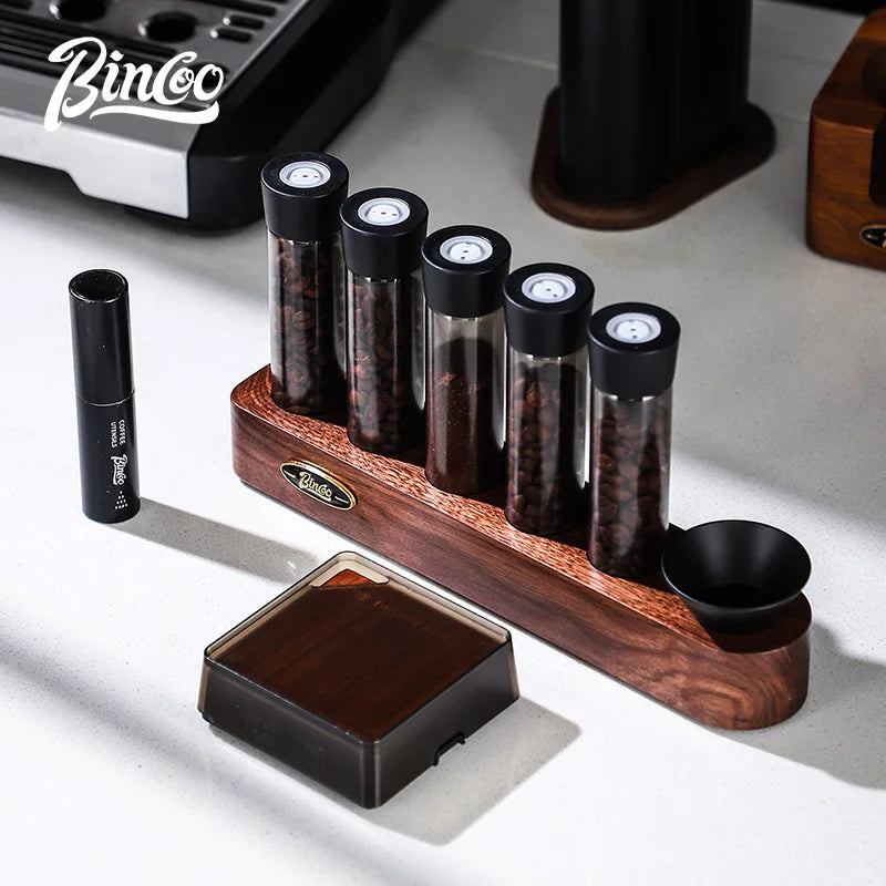 Coffee Bean Storage Tubes & Walnut Wood Display Stand Coffee Bean Storage Set Qst