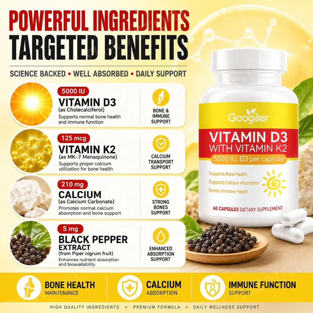 Vitamin D3 K2 Capsules with Calcium & MK-7 | 60 Count Vitamin Supplement Qst