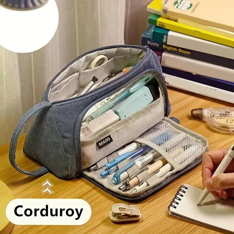 Large Capacity Corduroy Pencil Case – Multi-Layer Pen Storage Pencil Case Qme
