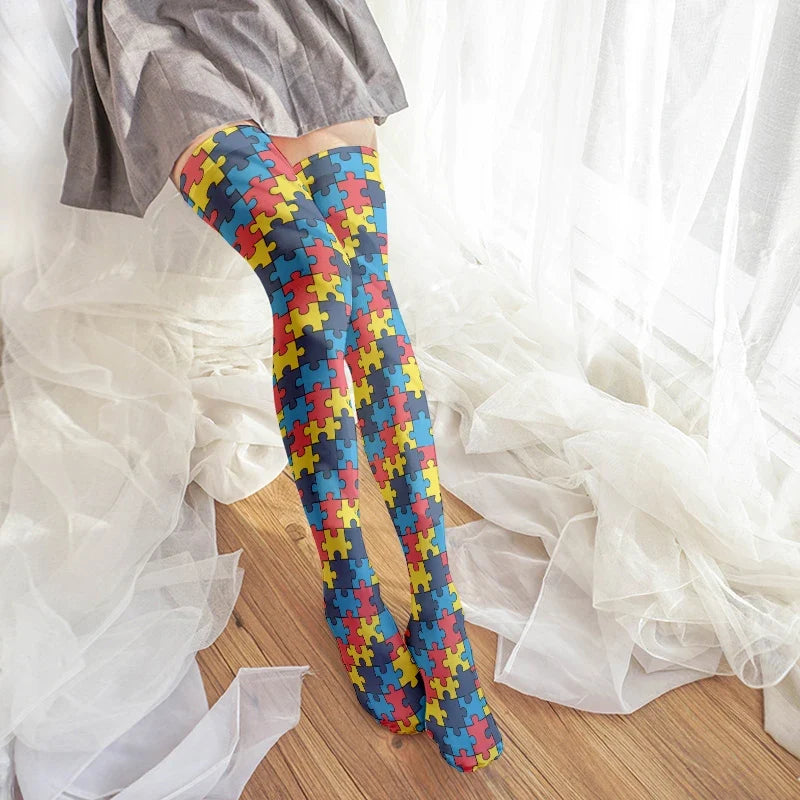 Harajuku Puzzle Plaid Knee Socks | Kawaii Novelty Stockings Novelty Knee Socks Qme