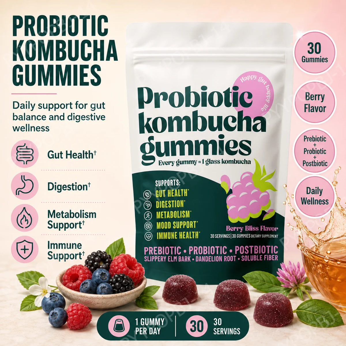 Probiotic Kombucha Gummies | Prebiotic Postbiotic – 30ct Probiotic Gummies Qst