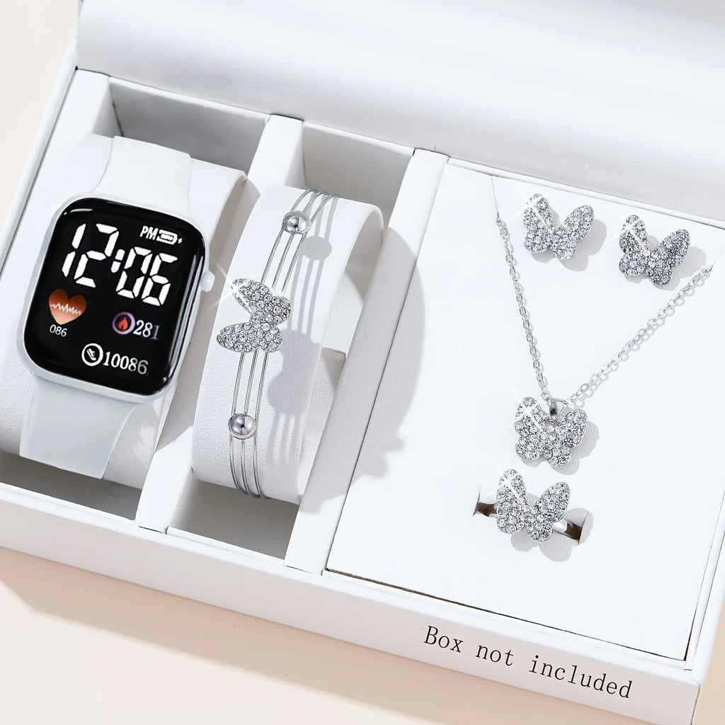 Women's Electronic Watch & Jewelry Set – White Butterfly Suit Watch & Jewelry Set Qme white suit