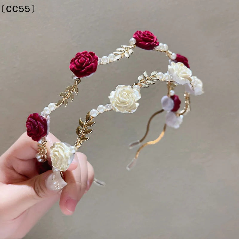 Elegant Rose Vine Pearl Tiara Headband | Vintage Floral Hair Hoop Floral Tiara Headband Qst
