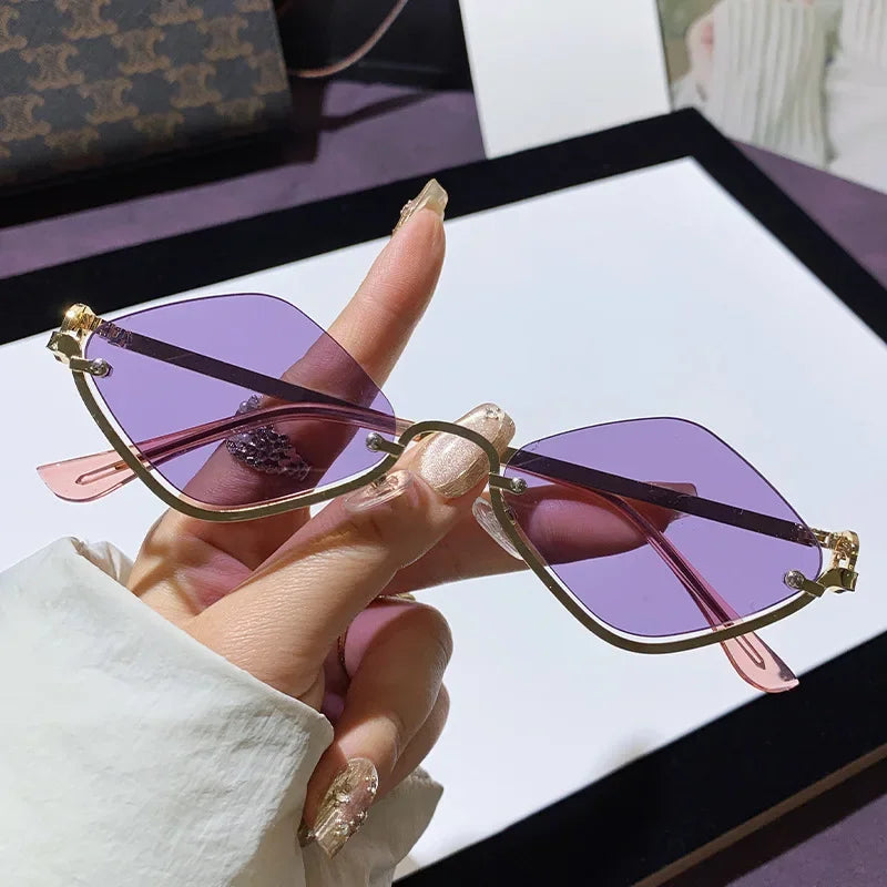Women's Metal Half Frame Diamond Sunglasses – 8 Lens Colors Fashion Sunglasses Qme JZ