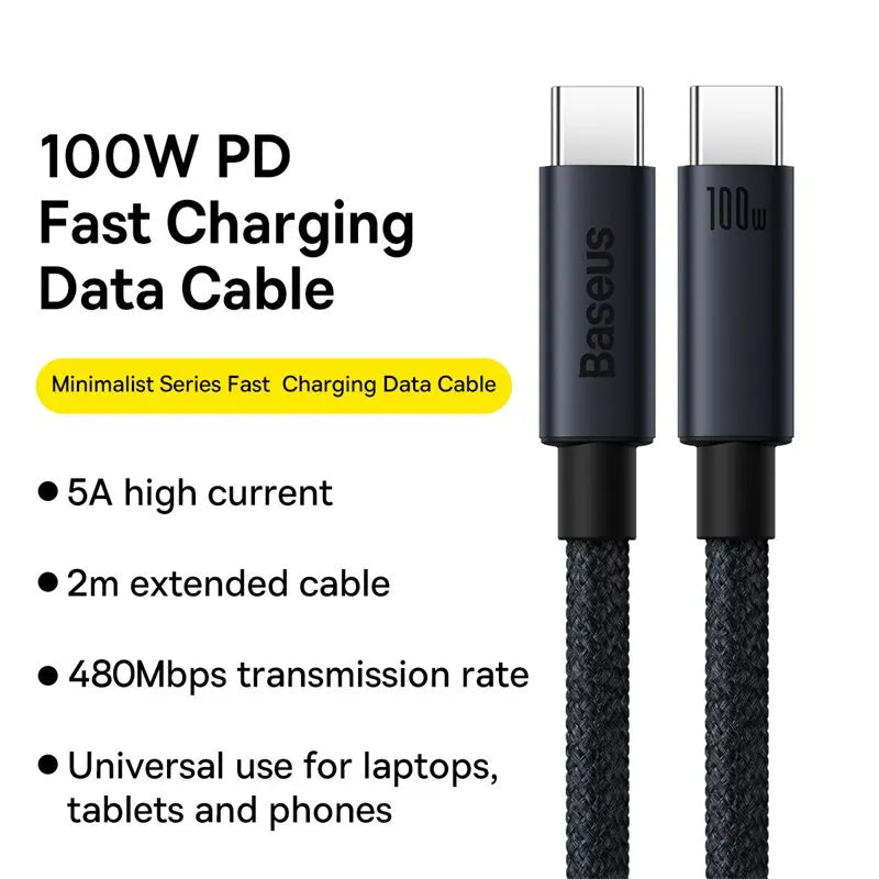 Baseus 100W USB-C to USB-C Fast Charging Cable – PD 5A Braided USB-C Charging Cable Qst