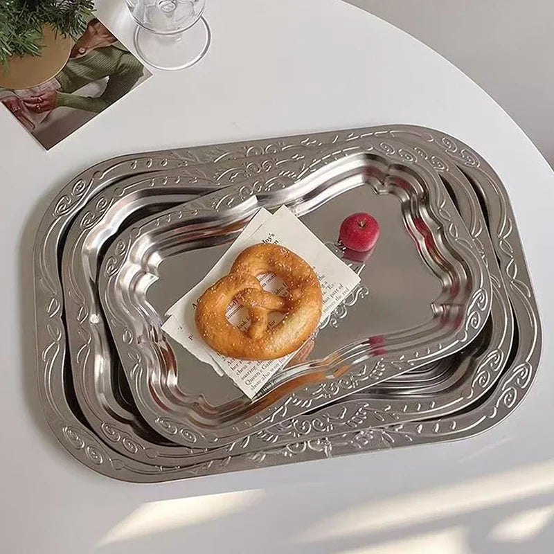 Stainless Steel Rectangular Tray – Embossed Vintage Design Serving Tray Qme
