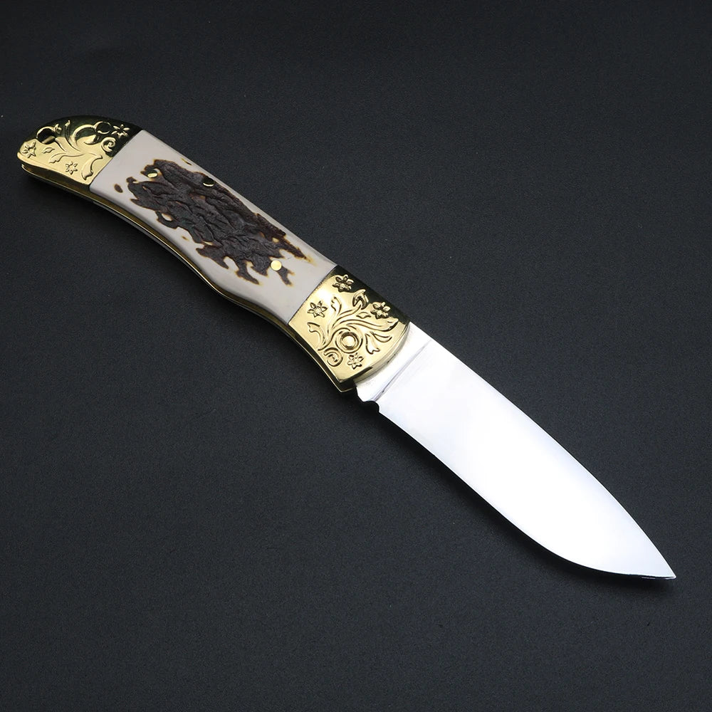 XUAN FENG Brass Deer Antler Folding Knife – Mirror Polished Folding Pocket Knife Qst