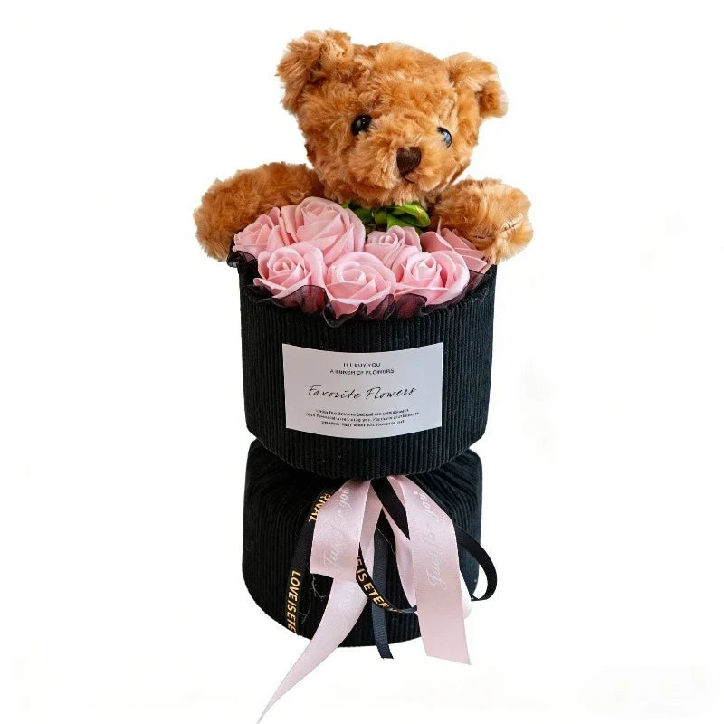 Rose Bear Bouquet Artificial Flowers – Cute Gift & Home Decor Artificial Flower Decor Qme Pink