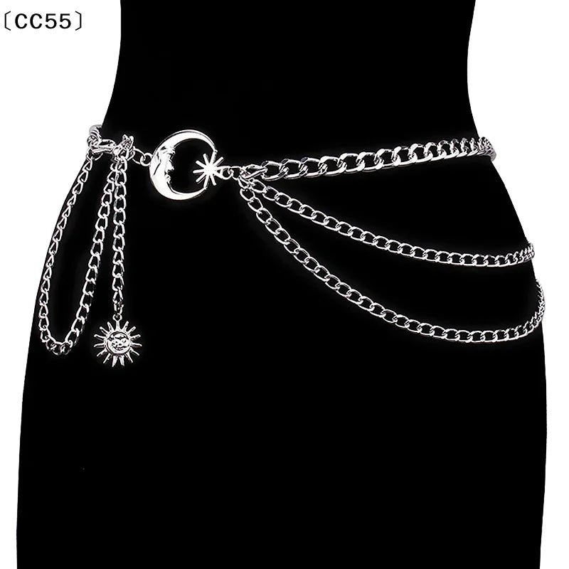 Women's Moon Star Waist Chain Belt – Gold & Silver Alloy Waist Chain Belt Qst