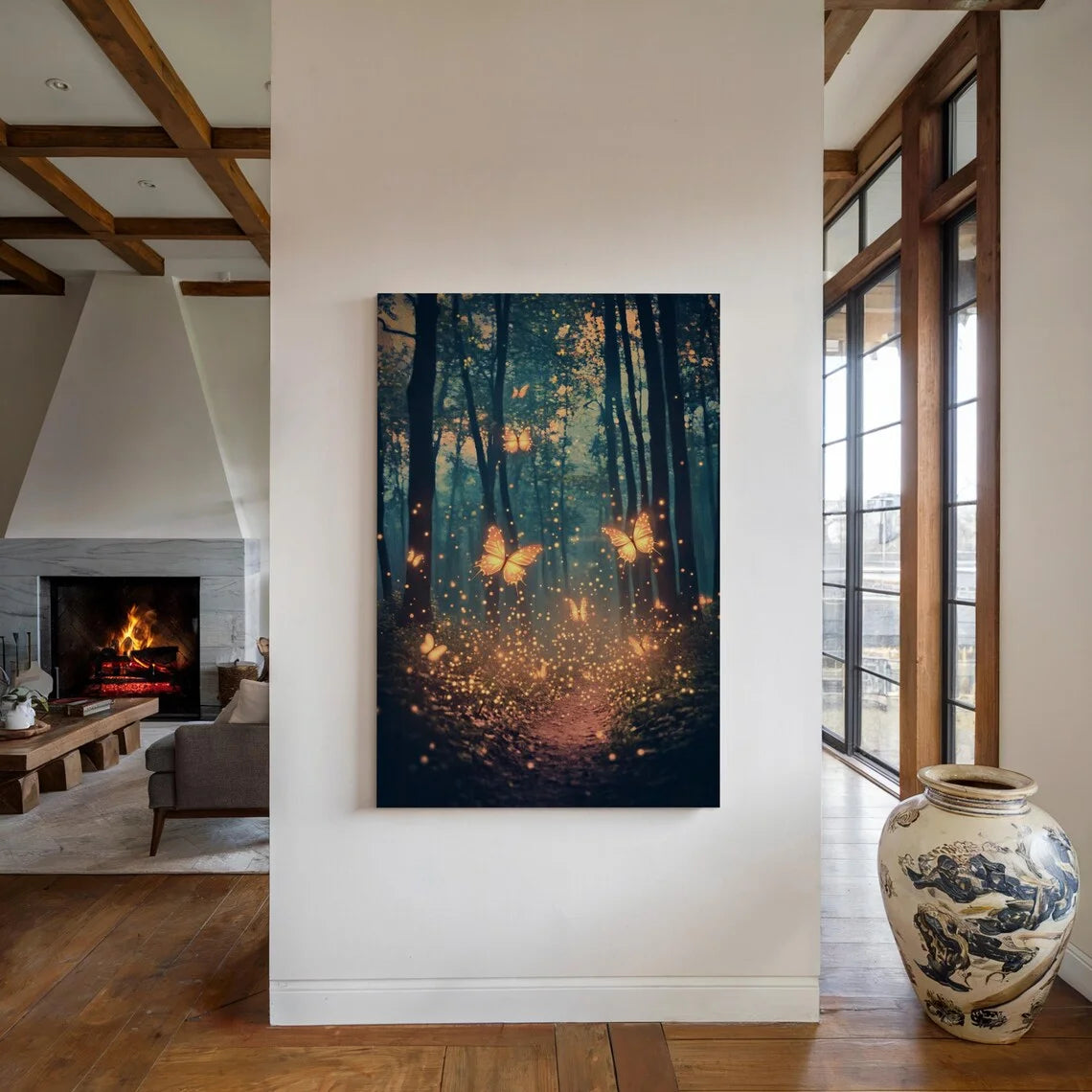 Magical Forest Path Canvas Wall Art – Glowing Butterflies Canvas Wall Art Qst