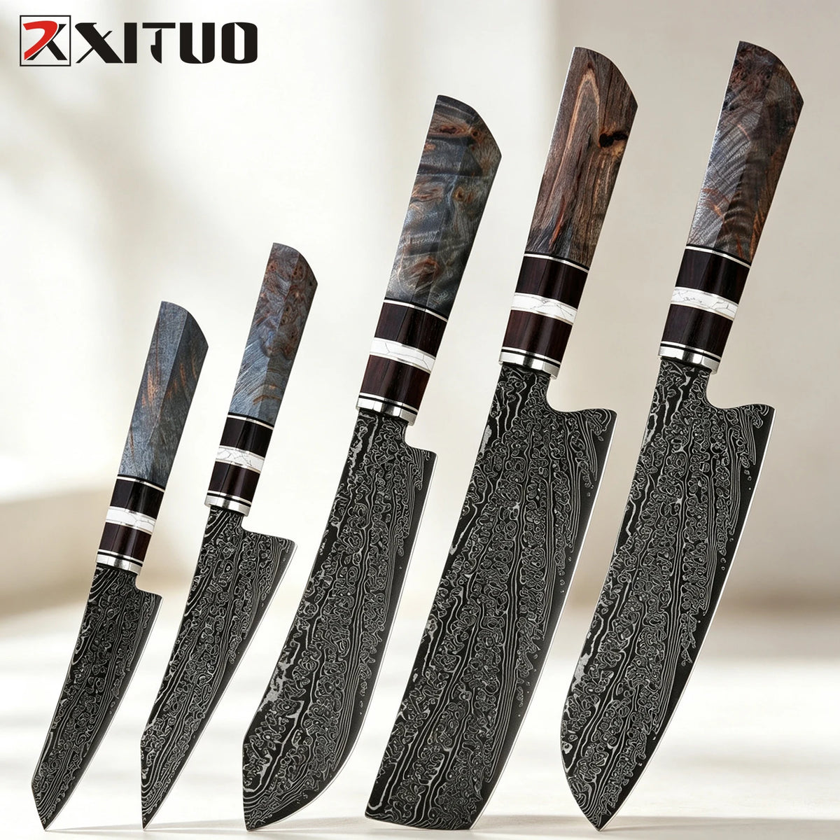 XITUO Damascus Steel Kitchen Knife Set 1–6PCS Wood Handle Kitchen Knife Set Qst 5PCS Knife