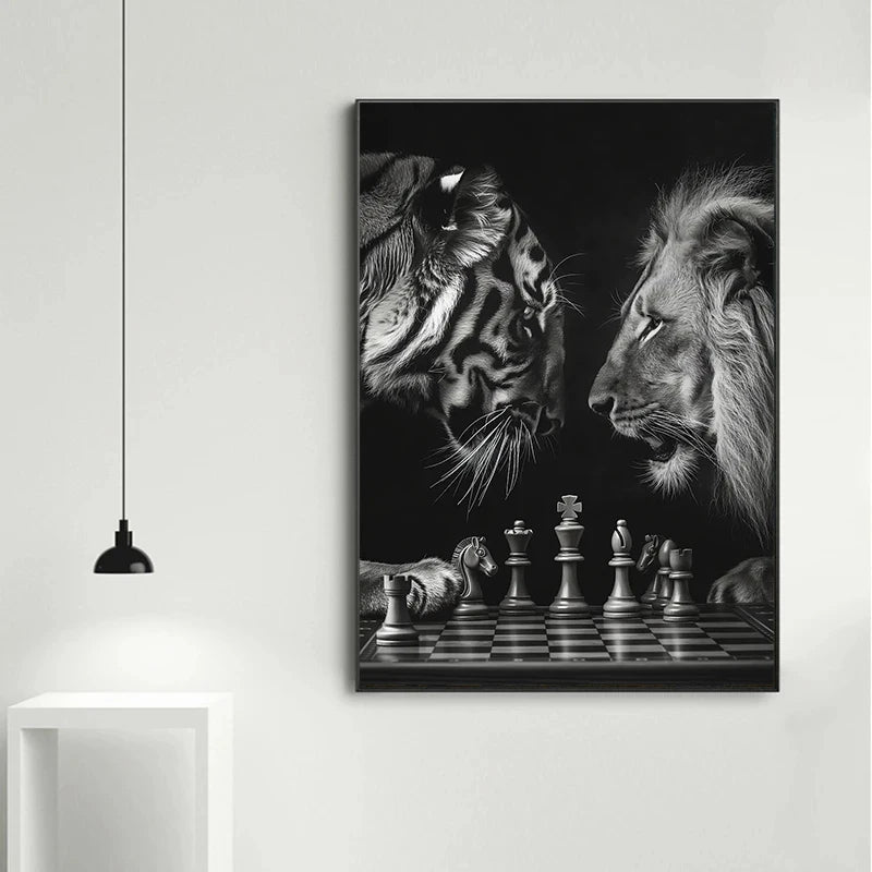 Wild Animals Chess Canvas Wall Art Poster – Tiger Lion Bear Canvas Wall Art Qst