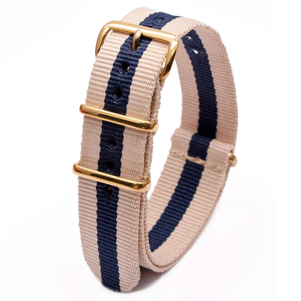 Striped Nylon Watch Strap Gold Square Buckle | 18–24mm Watch Strap Qme 2White1Blue 24mm