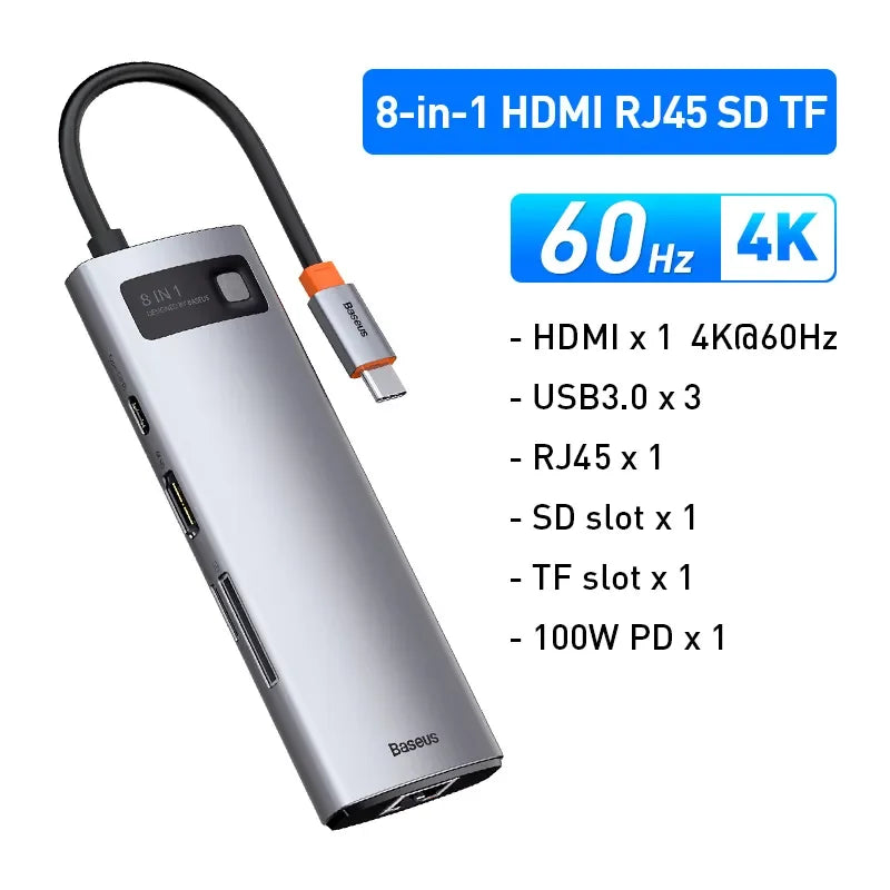 Baseus 8-Port USB-C Hub 4K 60Hz HDMI Ethernet PD 100W USB-C Multiport Hub Qst 8-in-1 Hub