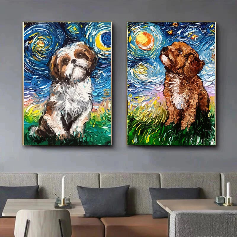 Van Gogh Starry Night Dog Canvas Print | German Shepherd Wall Art Canvas Wall Art Qst